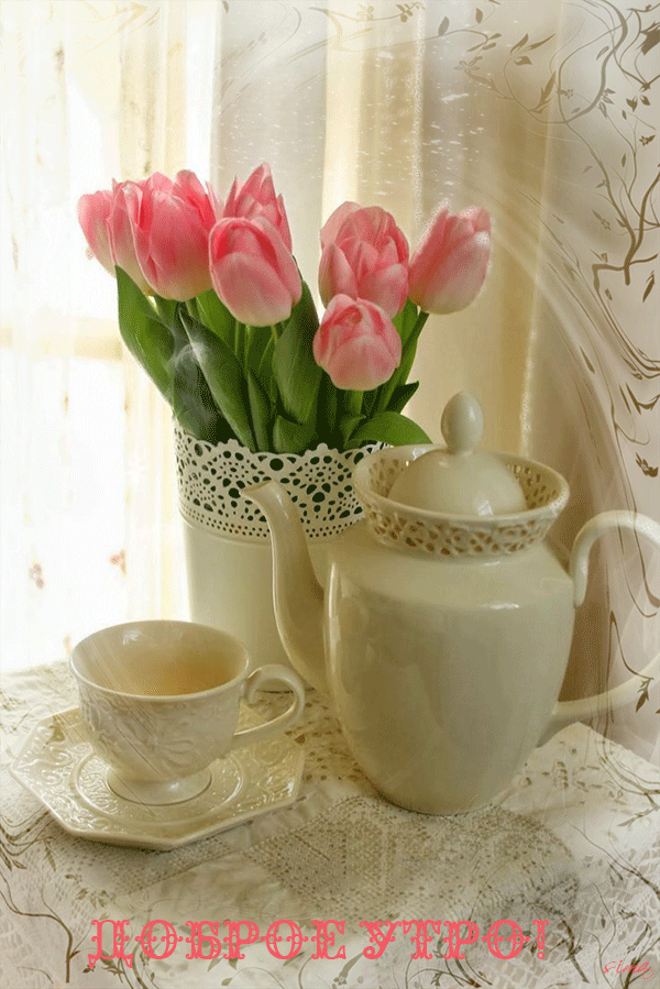 Чай, тюльпаны, цветы, утро