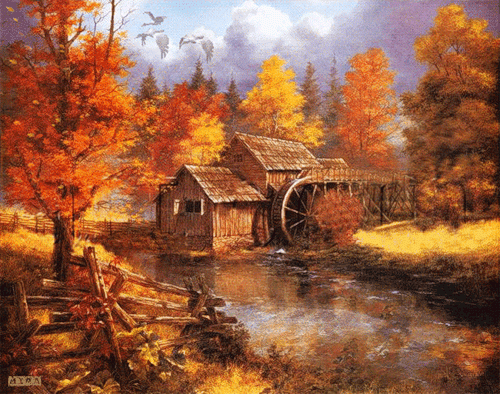 Осень, деревья, домик, река
