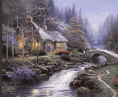 Картина домик у реки