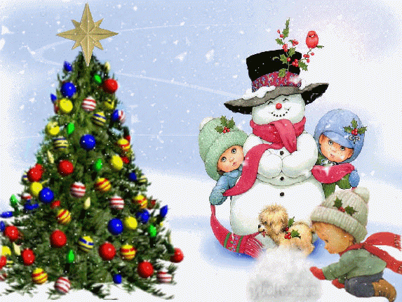 Анимация елка, снеговик, дети