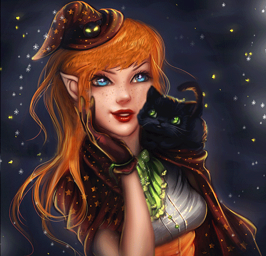 Девушка ведьмочка с кошкой