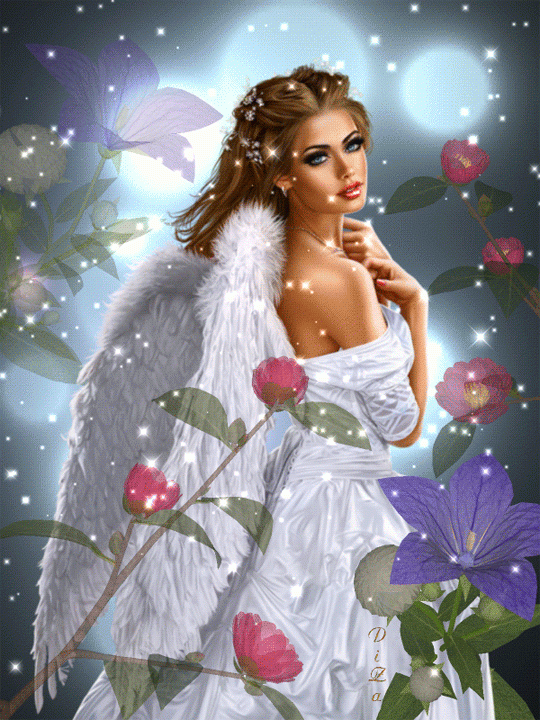 Девушка ангел, фон, цветы