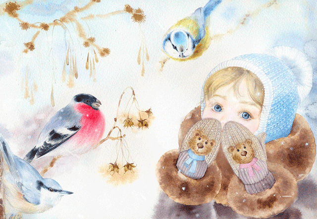 Девочка, птицы, холод