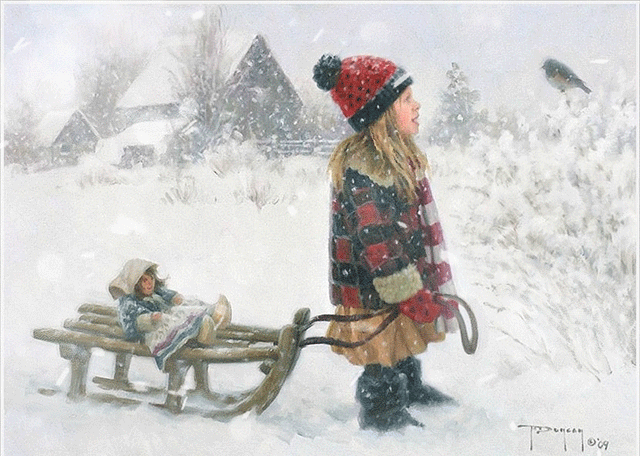 Девочка с санками, зима