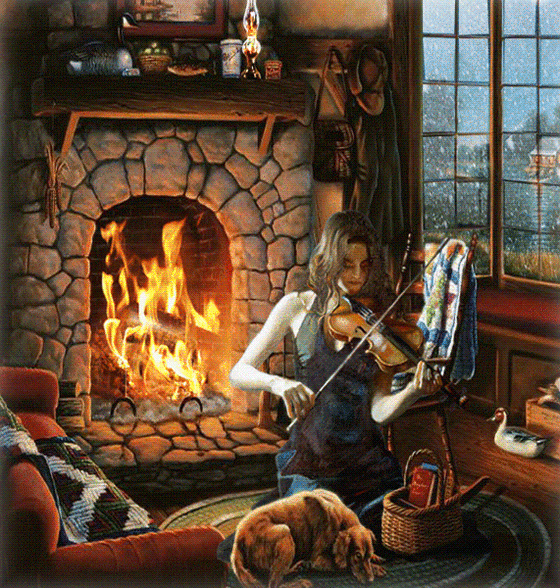 Девушка скрипачка, огонь в камине
