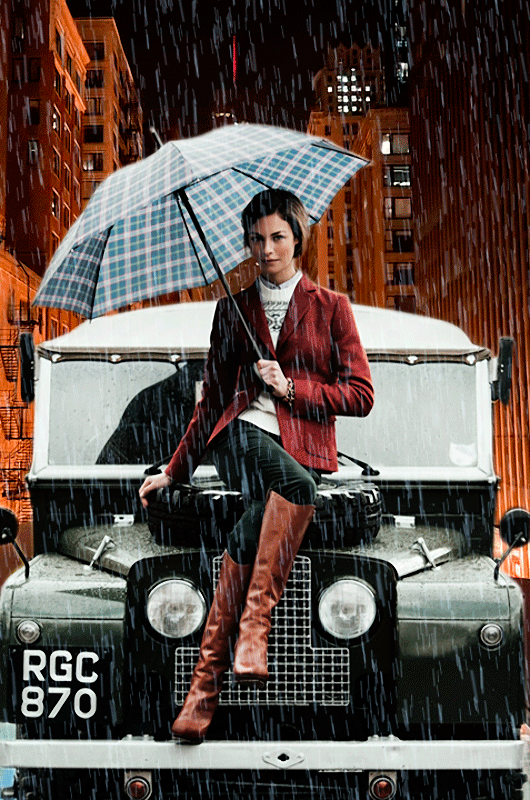 Девушка, авто, зонт, дождь