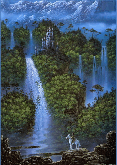 Картина, замок, водопад, всадник