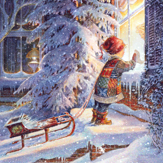 Рисунок зима, малыш с санками
