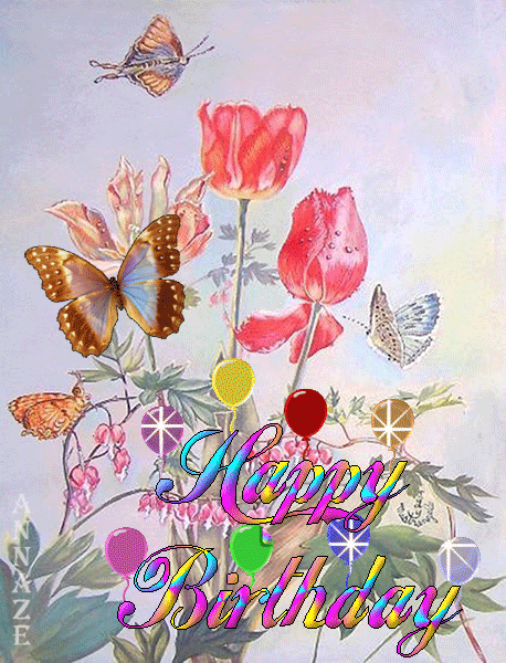Анимация с днем рождения с бабочками и цветами
